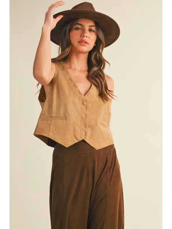 Button Down Suede Vest- Tan