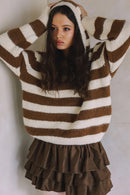 Cozy Striped Knit Henley Soft Sweater- Camel
