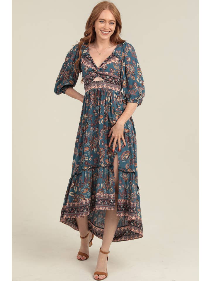 V Neck Twist Front Cut Out Hi Lo Maxi Dress W Slit