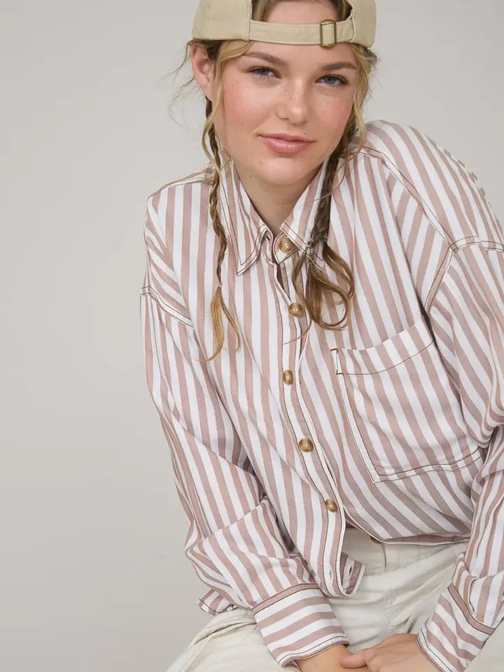 Stripe Collared Button Down Long Sleeve Shirt-Brown