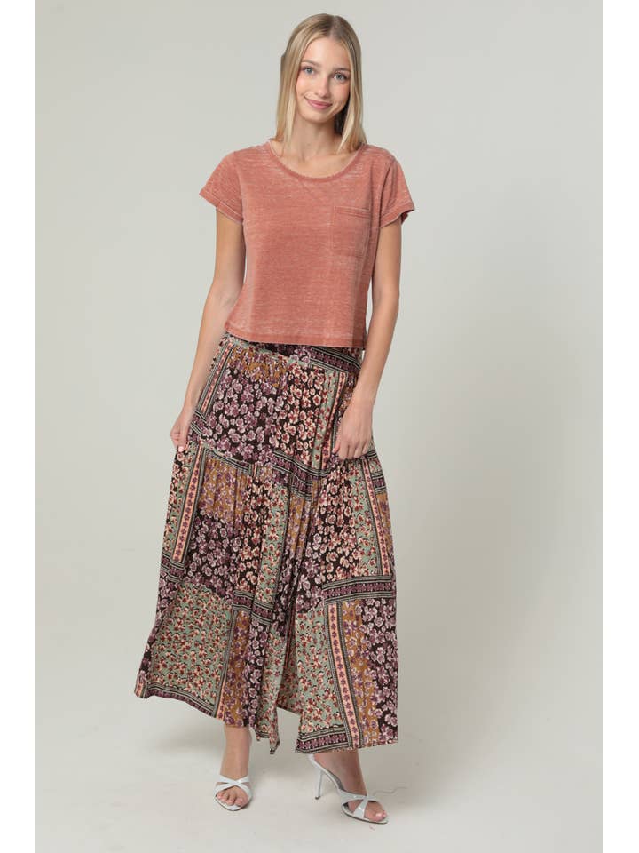 Printed Maxi Skirt with Side Slit - Espresso