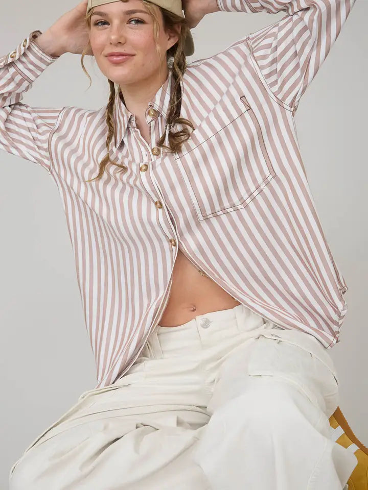 Stripe Collared Button Down Long Sleeve Shirt-Brown