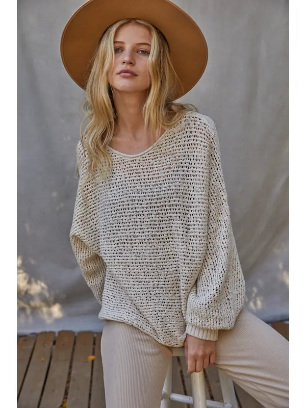 Sweater Knit Crochet Round Neck Long Sleeve Top
