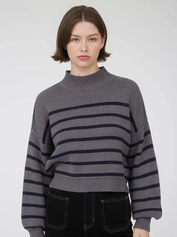 Striped Mock Neck Drop Shoulder Knit Sweater- Charcoal