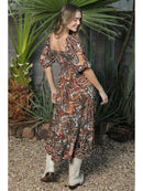Cactus Print Smocked Bodice Puff Sleeve Midi Dress