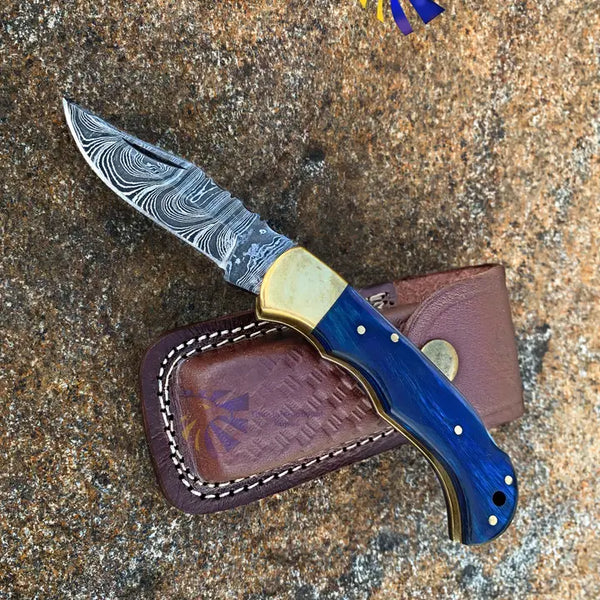 Blue Diamond Wood Folding Knife with Leather Sheath