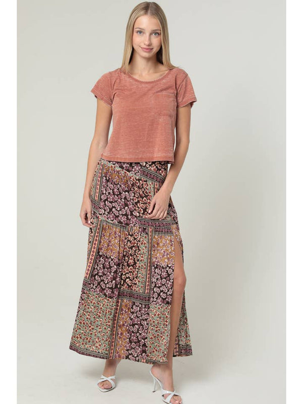 Printed Maxi Skirt with Side Slit - Espresso