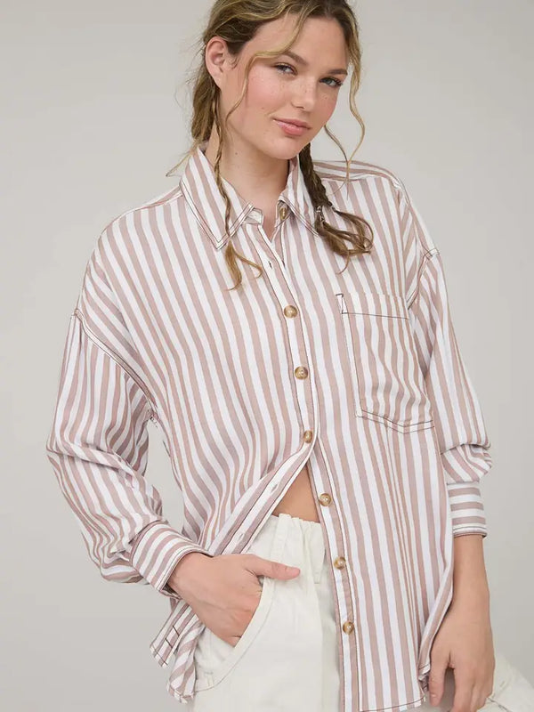 Stripe Collared Button Down Long Sleeve Shirt-Brown