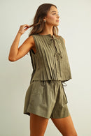 Elastic Band Waist with Tied On the Side Shorts- Olive