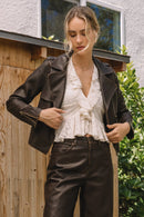 Distressed Faux Leather Moto Jacket: COCO BROWN