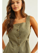 Square Neck Sleeveless Vest with Button Front- Olive