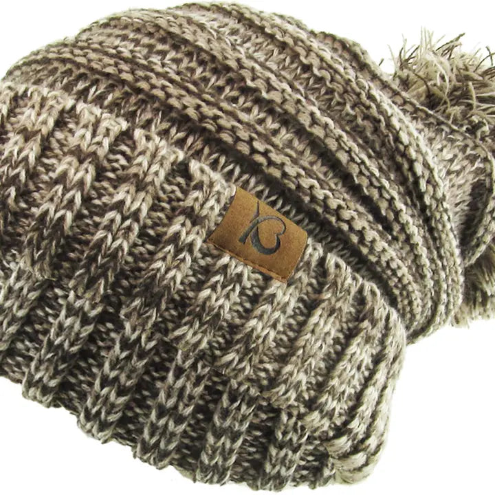 Chunk Pom Pom Cable Knit Ribbed Beanie