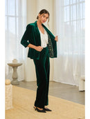Ruched Sleeve Open-Front Velvet Blazer- Hunter Green