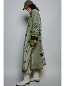 Side Slits Longline Embroidered Velvet Duster Jacket -Olive