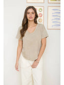Washed Scoop Neck Raw Edge Short Sleeve Knit Top