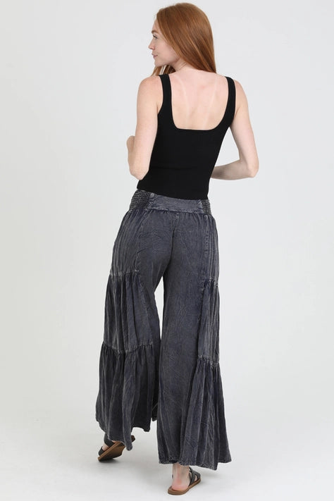 Smocked Waist Tiered Wide Leg Pant - Black