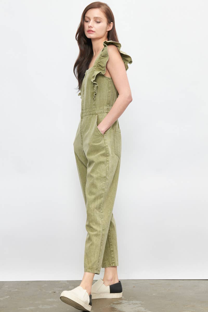 Ruffled Washed Cotton Jumpsuit with Front Zipper