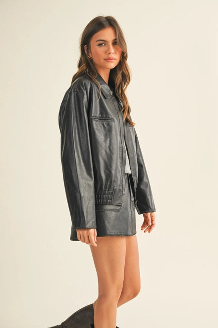 Washed Leather Zip Up Jacket