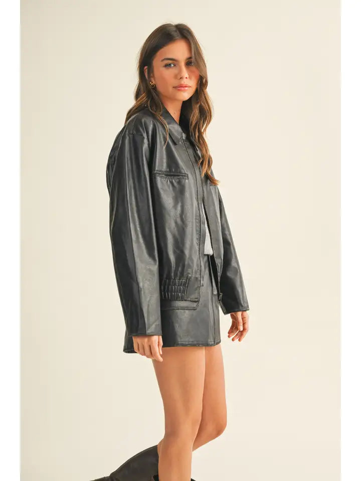 Washed Leather Zip Up Jacket