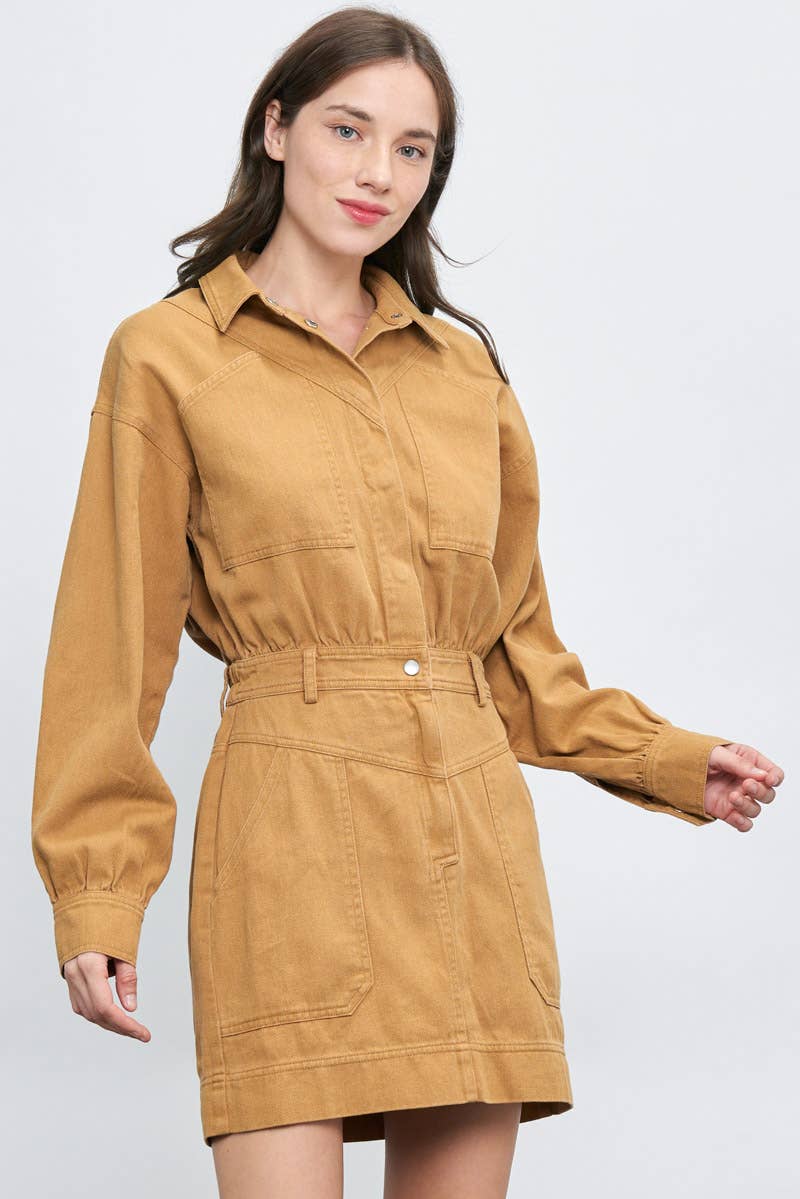 Long Sleeve Stitch Pocket Twill Utility Dress