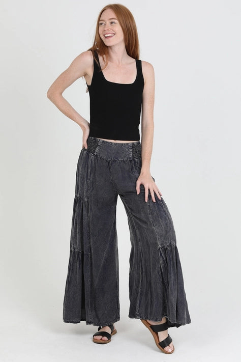 Smocked Waist Tiered Wide Leg Pant - Black