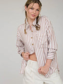 Stripe Collared Button Down Long Sleeve Shirt-Brown
