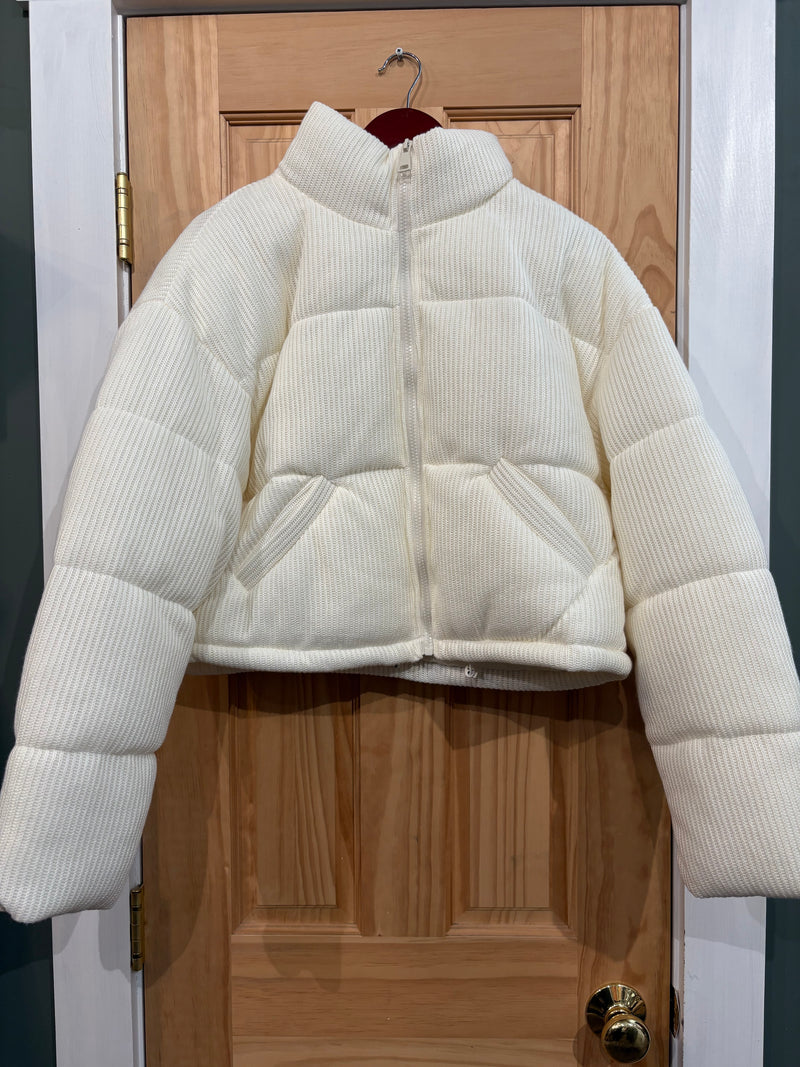 Zipper Down Ribbed Puffer Jacket with Pockets