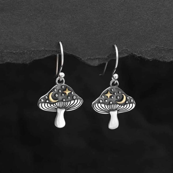 Silver Mushroom Earrings with Bronze Star and Moon