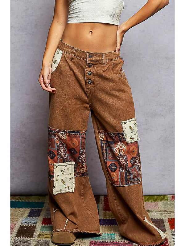Printed Contrast and Stud Denim Straight Woven Pants