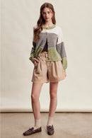Striped Color Block Button Front Cardigan- Olive