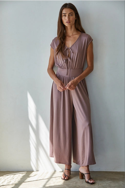 Knit Polyester Spandex V-Neck Short Sleeve Jumpsuit