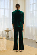 Ruched Sleeve Open-Front Velvet Blazer- Hunter Green