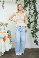 Sweetheart Front Tie Ruffle Sleeve Shirred Top