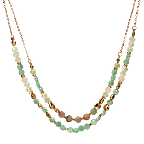 Double Chain Necklace with Crystal and Semiprecious Beads