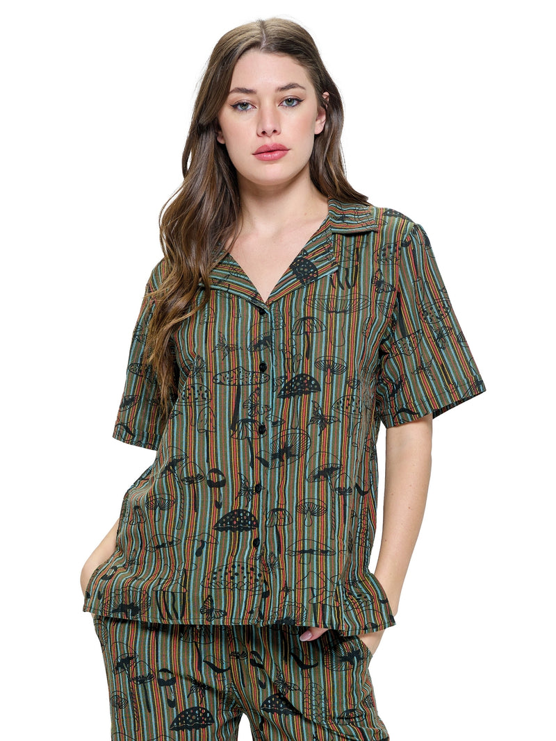 Button Up Blouse Mushroom Print Striped