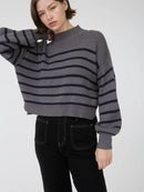 Striped Mock Neck Drop Shoulder Knit Sweater- Charcoal