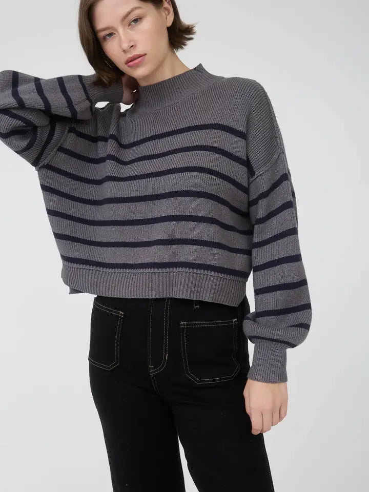 Striped Mock Neck Drop Shoulder Knit Sweater- Charcoal