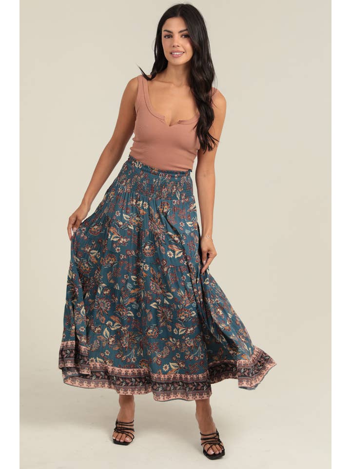 Smocked Waistband A Line Maxi Skirt with Side Slit