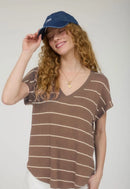 Stripe V Neck Cuffed Short Sleeve Knit Top- Mocha