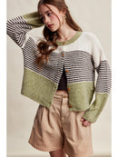 Striped Color Block Button Front Cardigan- Olive