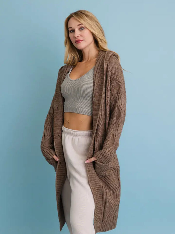 Cable Knit Hooded Cardigan with Large Buttons