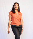 Pleated Shoulder V-neck Blouse - Rust