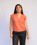 Pleated Shoulder V-neck Blouse - Rust