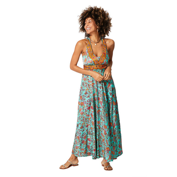 Long Sleeveless Summer Dress - Turquoise & Orange