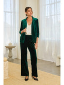 Ruched Sleeve Open-Front Velvet Blazer- Hunter Green