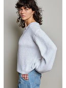 Textured Ribbed Knit Split Neck Relaxed Fit Wide Sleeve Top- Off White