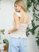 Sweetheart Front Tie Ruffle Sleeve Shirred Top