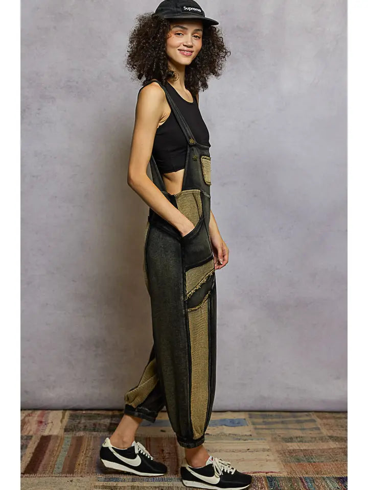French Terry Loose Fit Knit Overalls with Contrast Panels