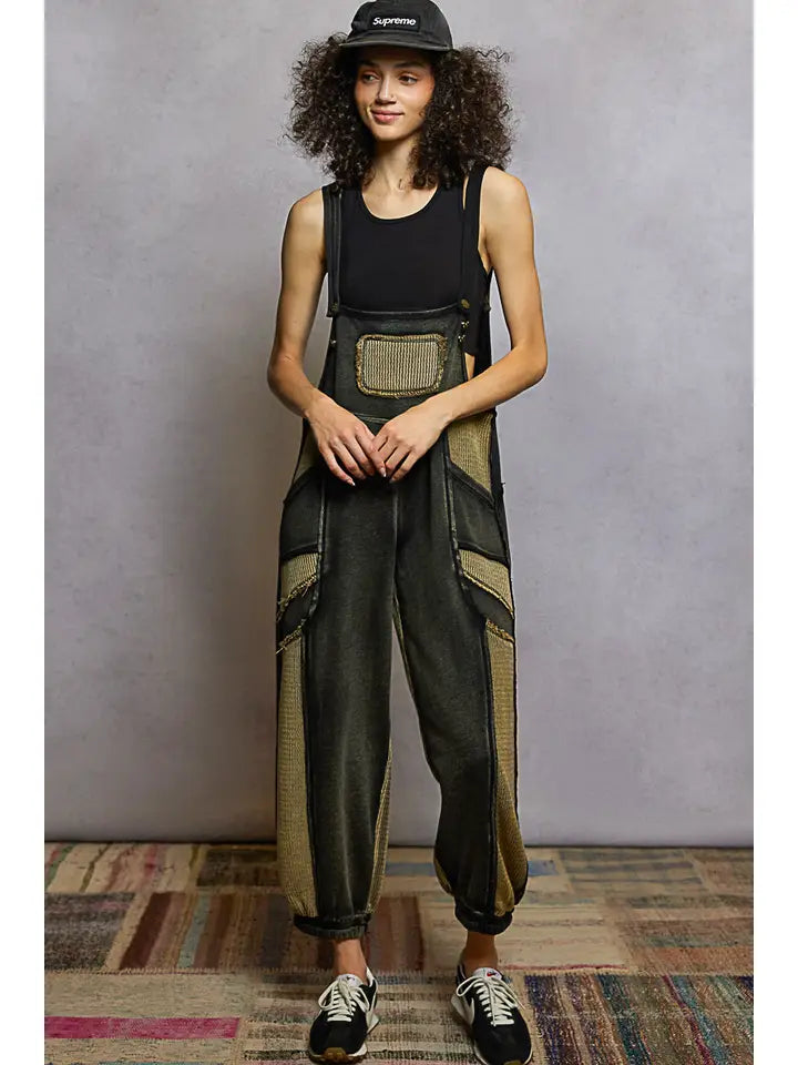 French Terry Loose Fit Knit Overalls with Contrast Panels
