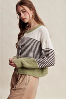 Striped Color Block Button Front Cardigan- Olive